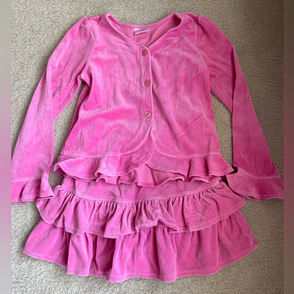 Hanna Andersson Pink Velour Button-Up Top and Skirt Set size 130